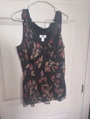 LOFT Black Floral V-Neck Camisole with Purple and Tan Accents